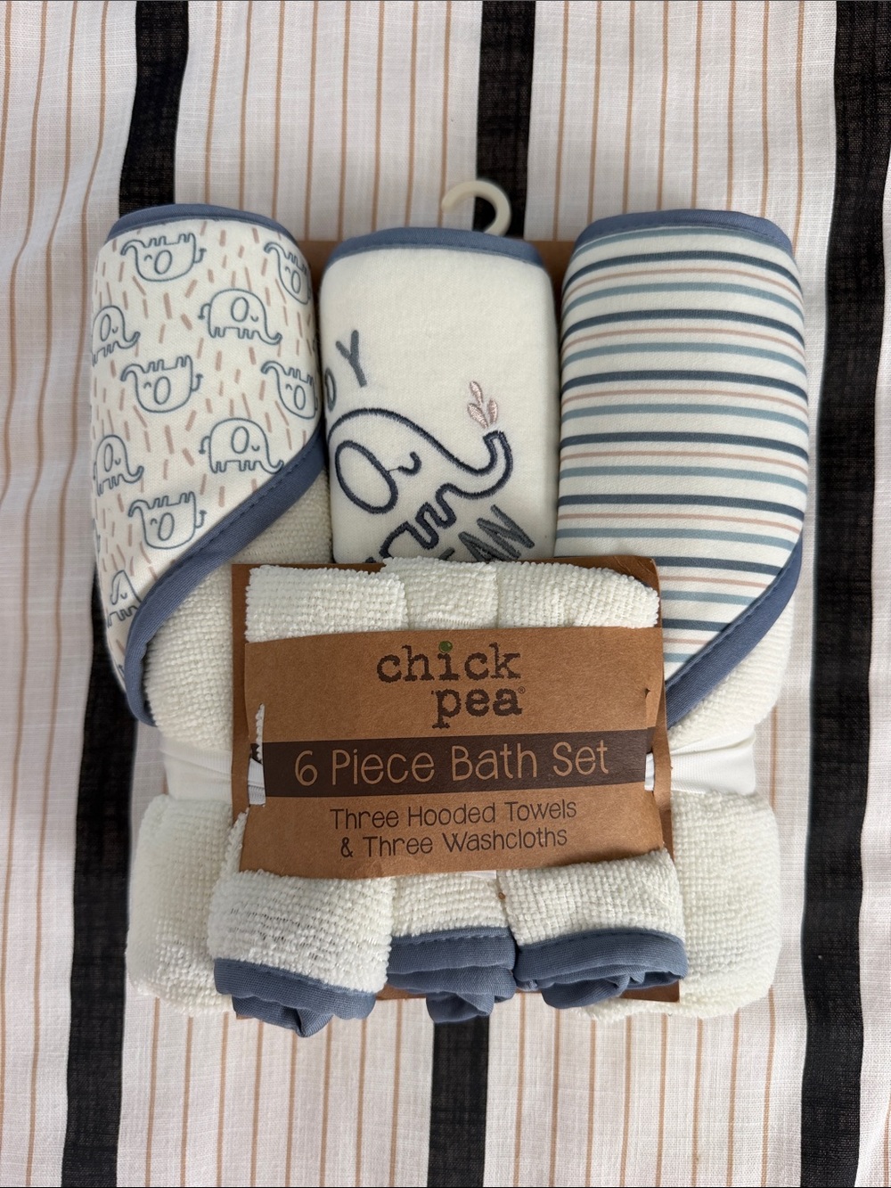 chick pea Blue & Cream Elephant Stripe 6-Piece Bath Set